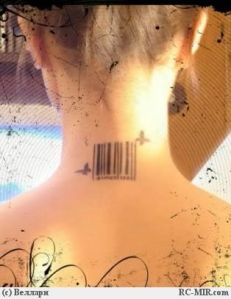 barcode tattoo on neck woman